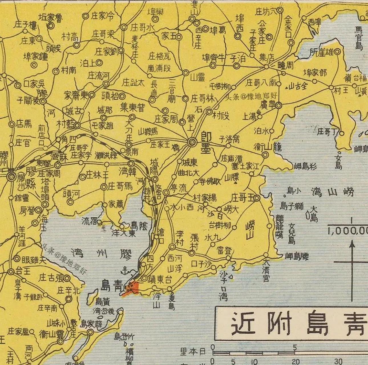 這是1937年,山東青島,老地圖精確到鎮,青島的老師快看看,能找到你的