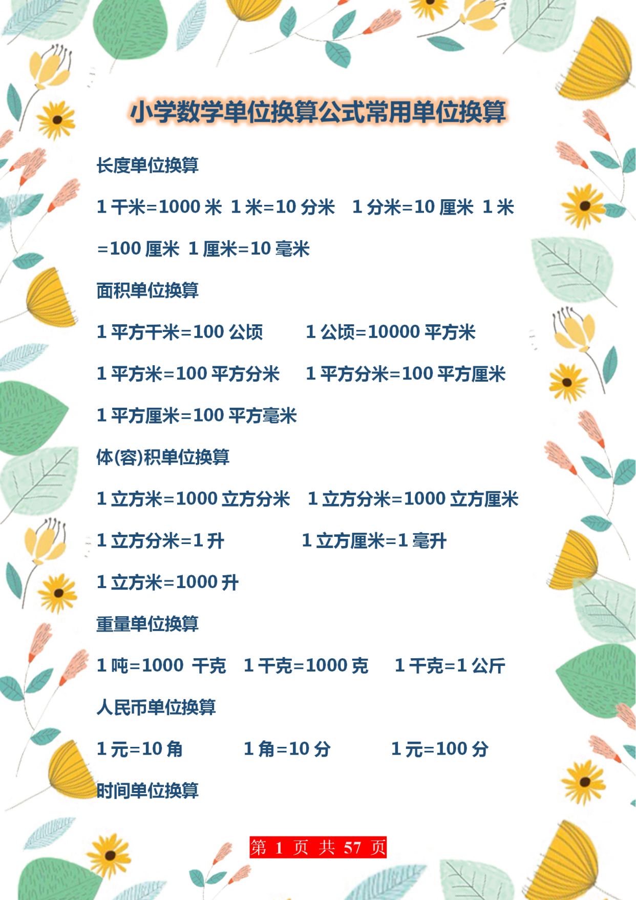 班主任推荐:小学数学单位换算公式大全,建议家长替孩子存一份!