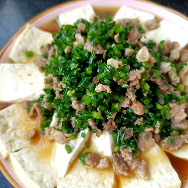 韭苔肉末蒸豆腐,健康蒸菜,做法简单又好吃