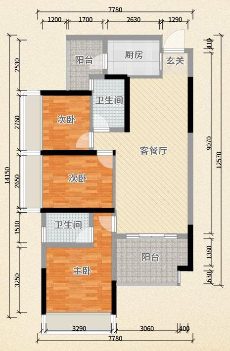 100平米小三居户型图图片