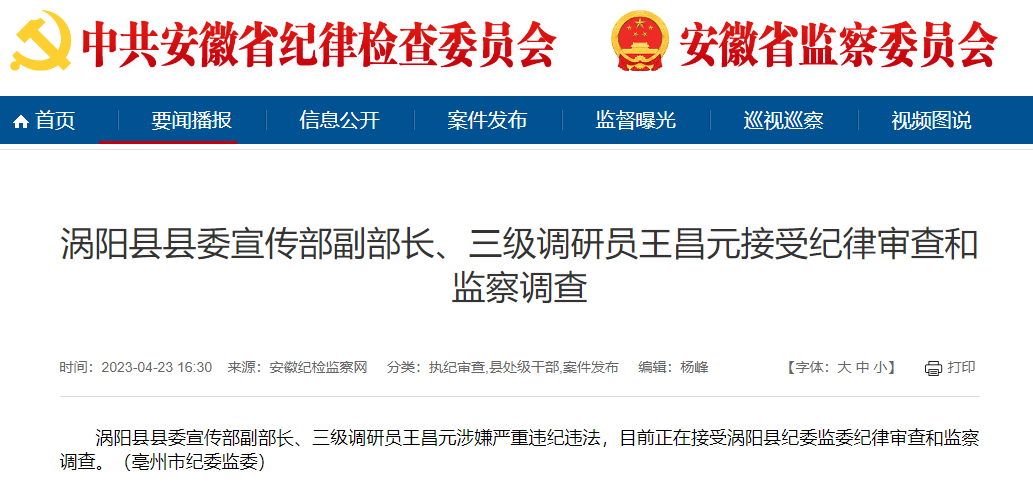 涡阳县委宣传部副部长王昌元被查