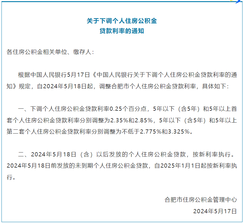 合肥下调个人住房公积金贷款利率