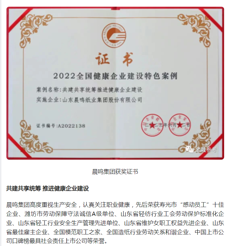 造纸行业唯一!晨鸣集团入选2022全国健康企业建设特色案例名单