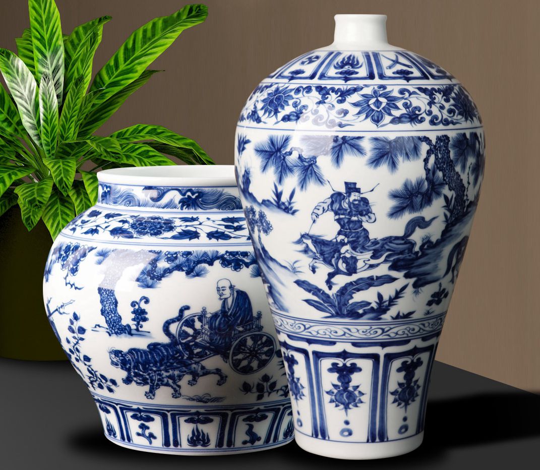 宁勤征国宝青花双绝 萧何月下追韩信梅瓶 鬼谷子下山图罐