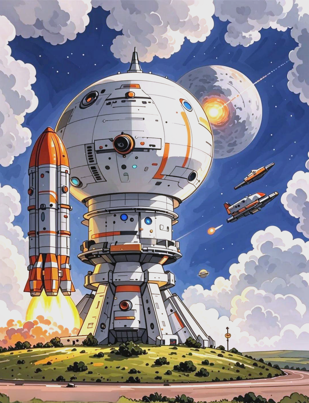 精选科幻主题参赛作品:星舰与航空航天题材,颜色鲜艳且运用马克笔手绘