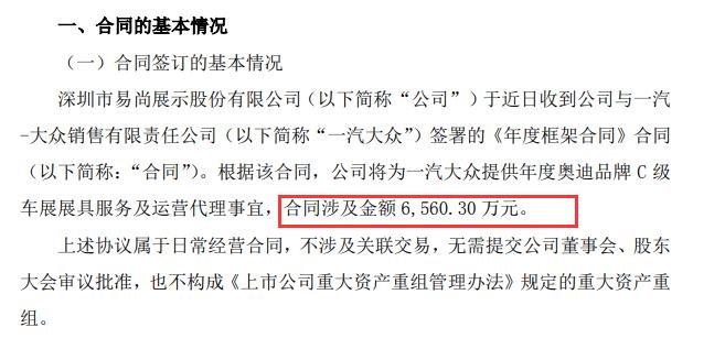 易尚展示签署奥迪车展框架合同 合同金额6560万元