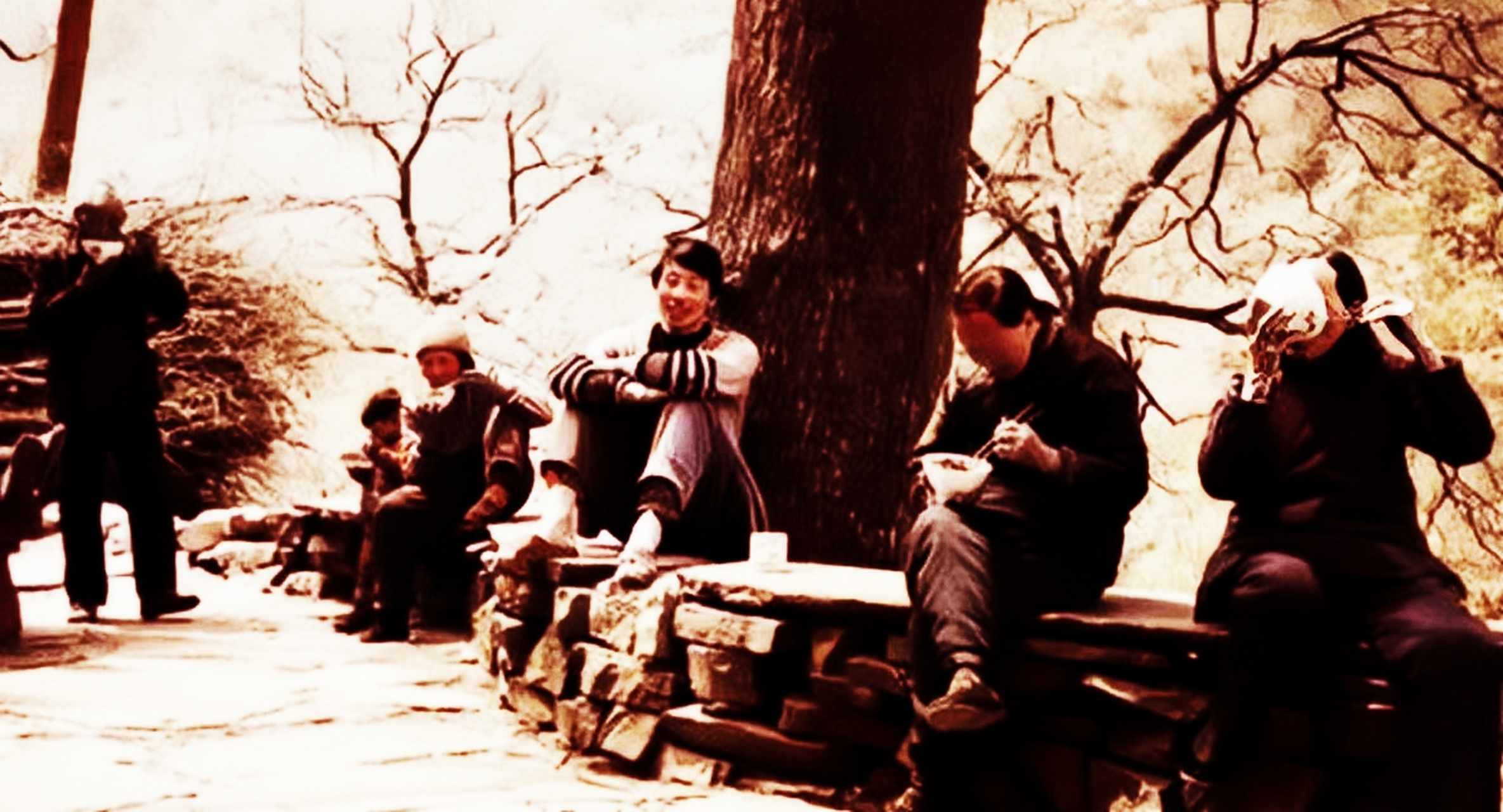 80年代的农村,一群村民坐在树下吃饭.