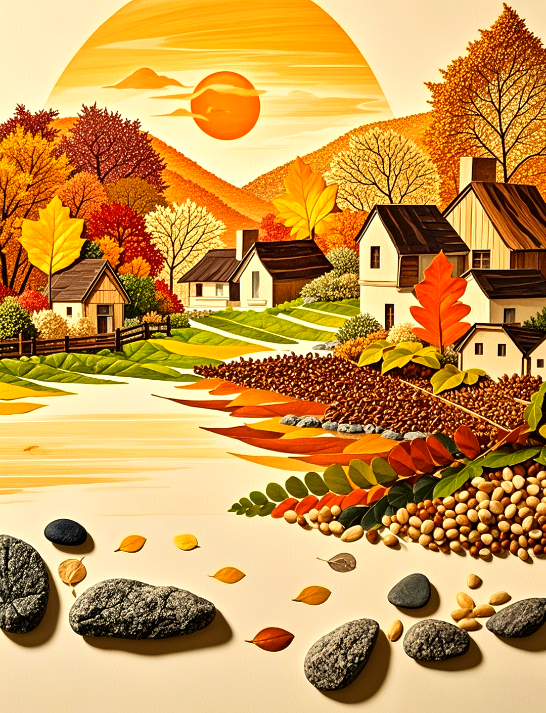 深秋山村贴画:叶,石与晨光共谱的美景