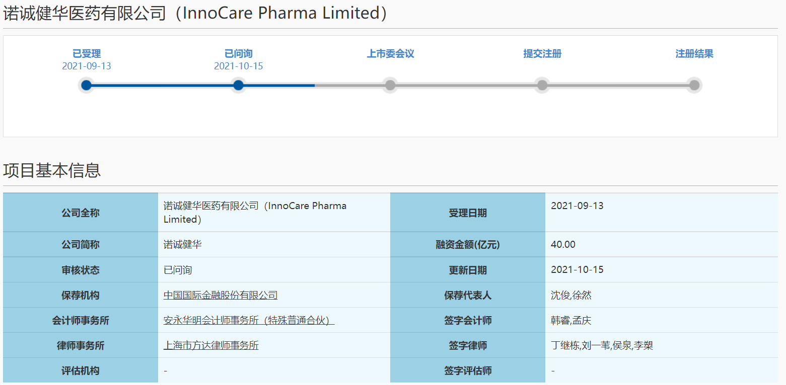 "a h"再进一步!诺诚健华科创板ipo获上交所问询