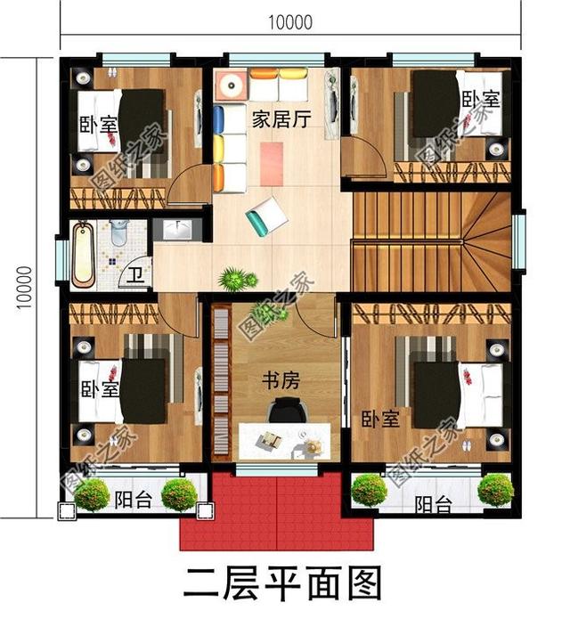 設計功能: 一層戶型:客廳,餐廳,廚房,衛生間,臥室×2; 二層戶型:家庭