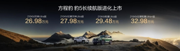纯电续航升级至210km！方程豹豹5长续航版上市：26.98万起