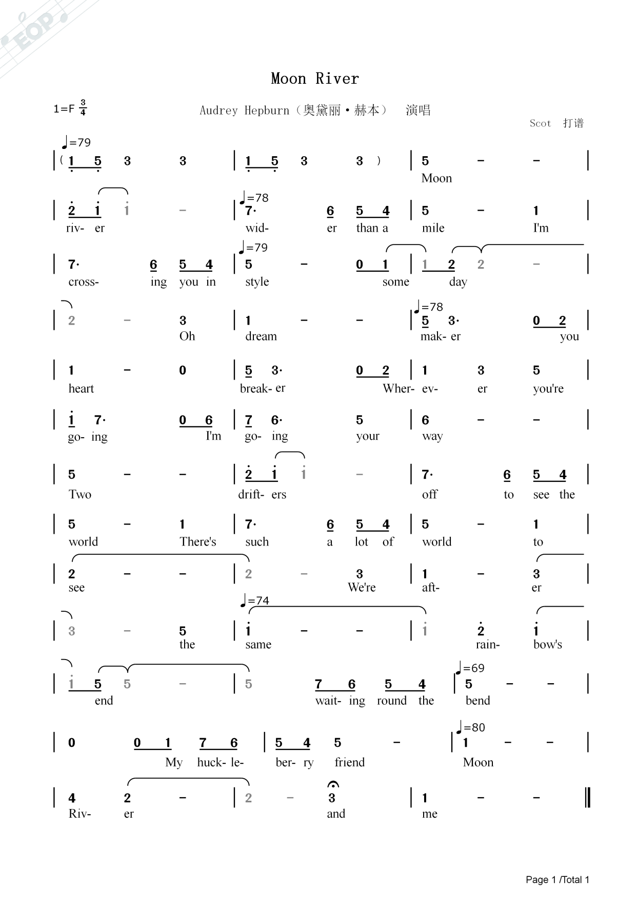 「奥黛丽·赫本演唱金曲」moon river(月亮河)——动态简谱