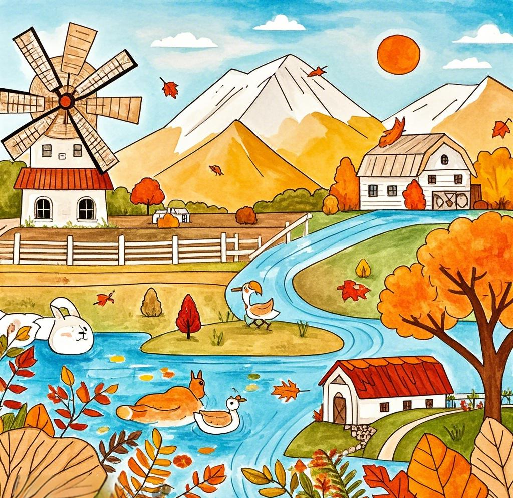 秋日风景儿童画:多种颜料绘制,创意构图点亮童梦时光