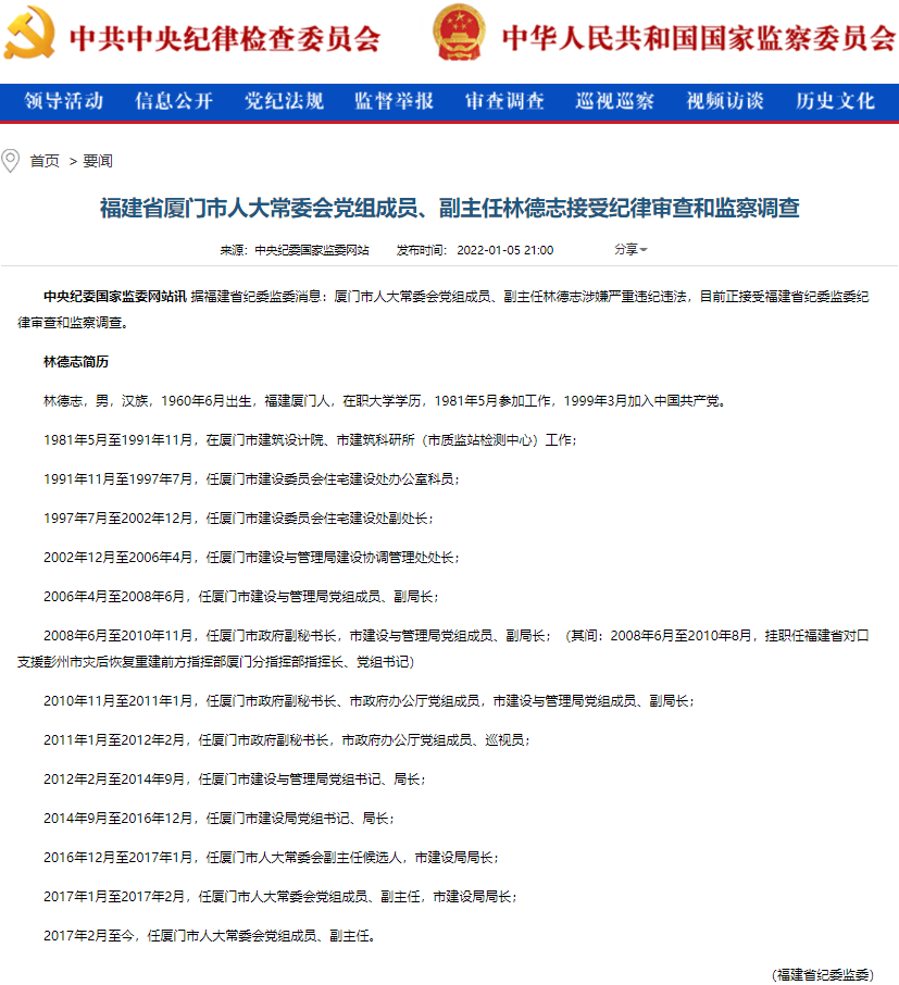 福建省厦门市人大常委会副主任林德志接受审查调查