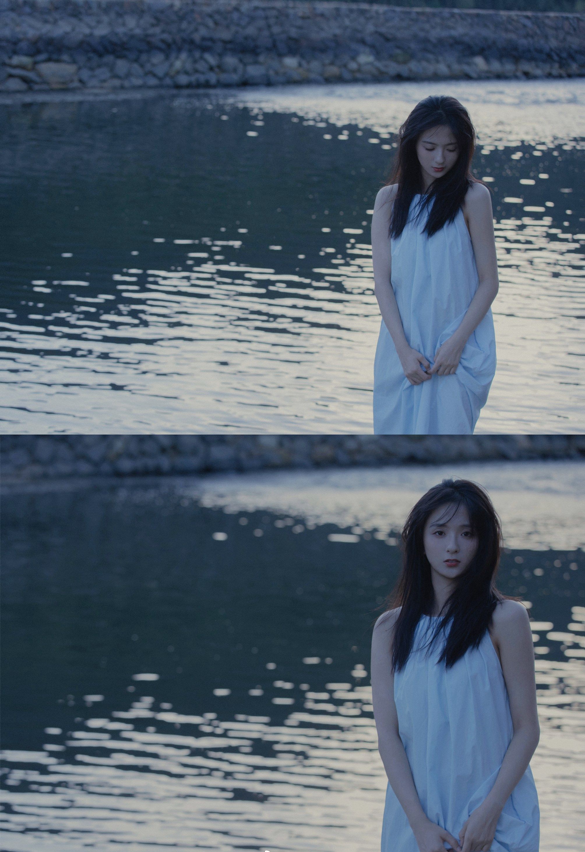 厉嘉琪白色连衣裙水边写真