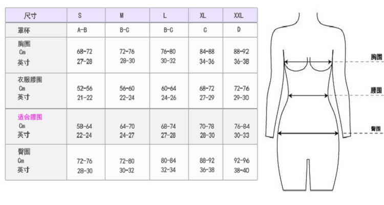胸部罩杯尺码对照表