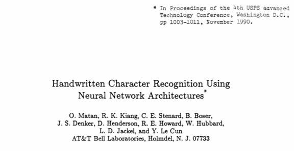 1990 年,杨立昆在 at&t 贝尔实验室发表的用神经网络识别手写