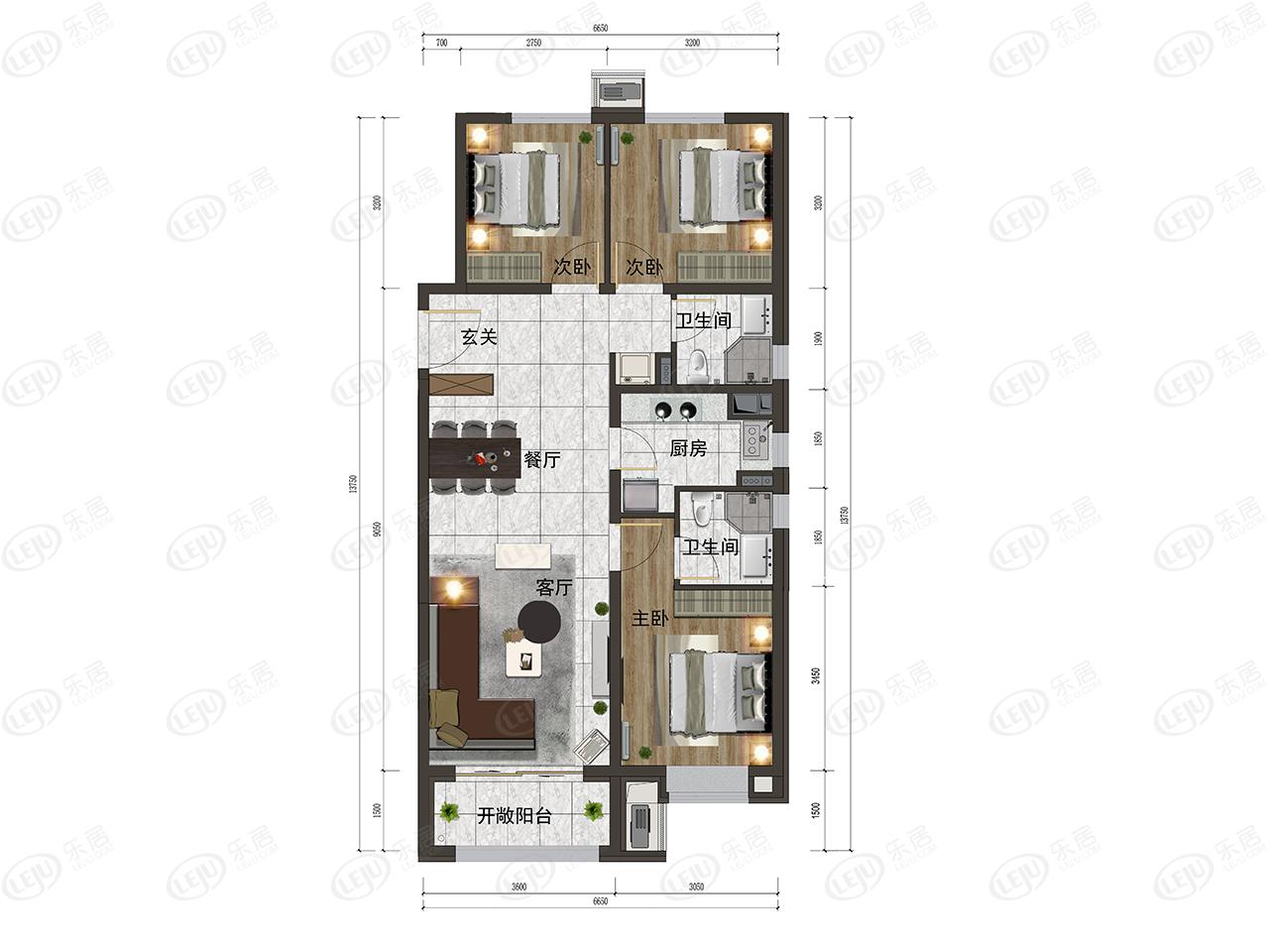 好住|远洋万和四季主推建面约108㎡三居户型 南北通透格局