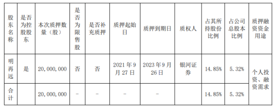 新天然气股东明再远质押2000万股 用于个人投资,融资需求