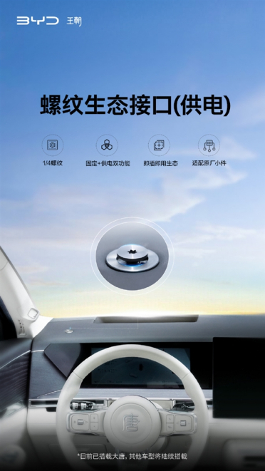 比亚迪官宣其他车型陆续搭载螺纹生态接口：固定+供电双功能、适配原厂小件