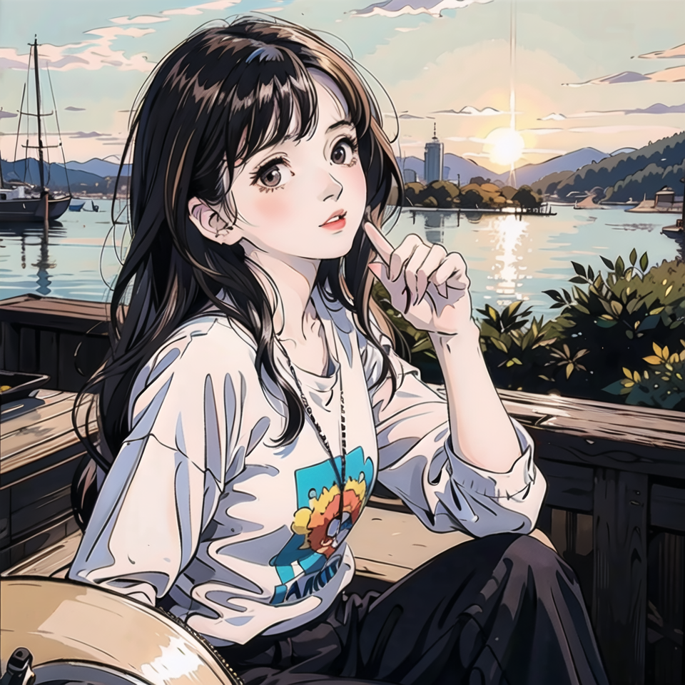 高清插画 - 夕阳下的小女孩