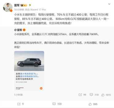 雷军：7成车主每周行驶不超400公里 小米澎程增程续航505km 完全没焦虑