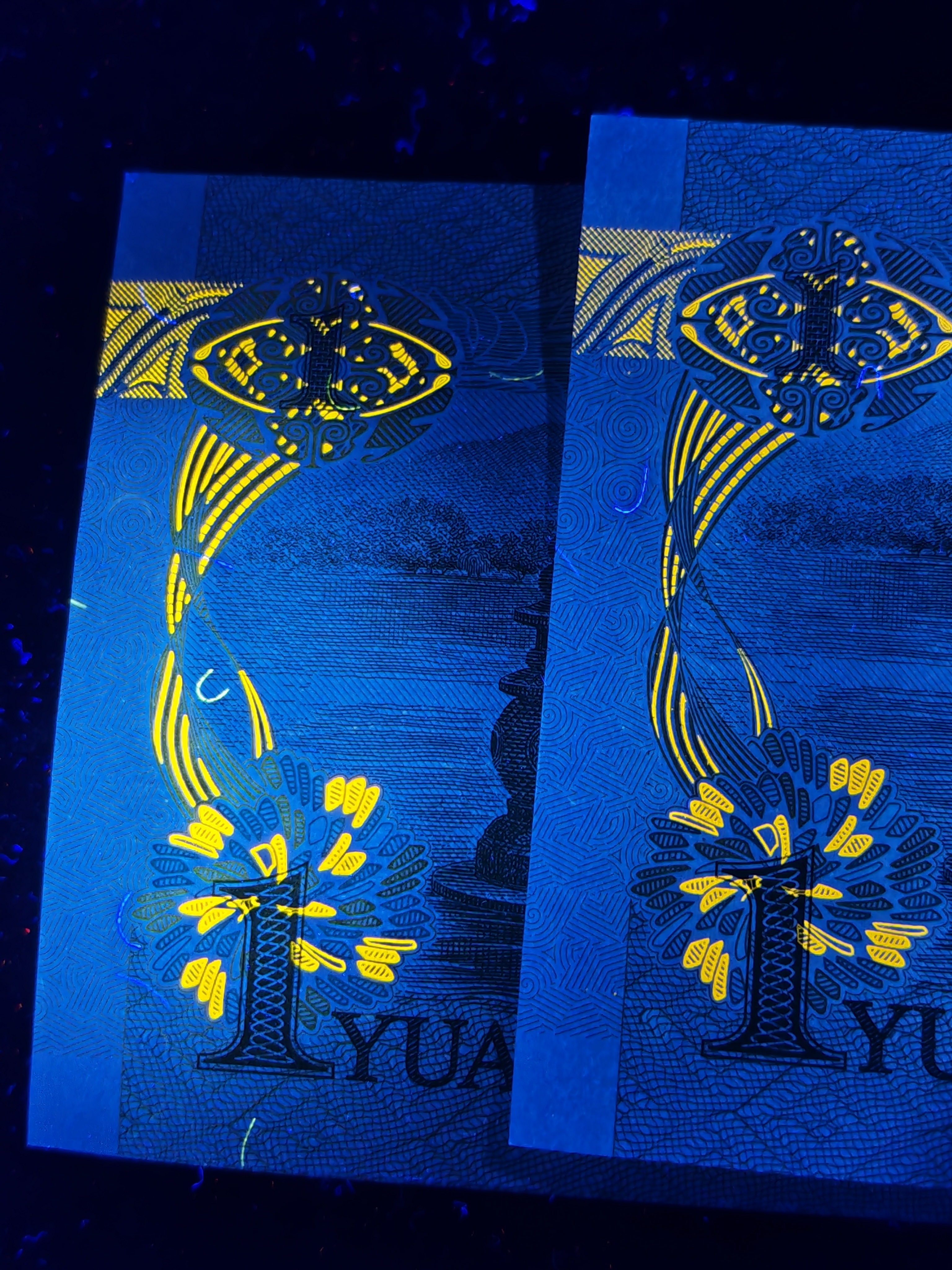 第五套人民币991的特殊实验荧光金碧辉煌