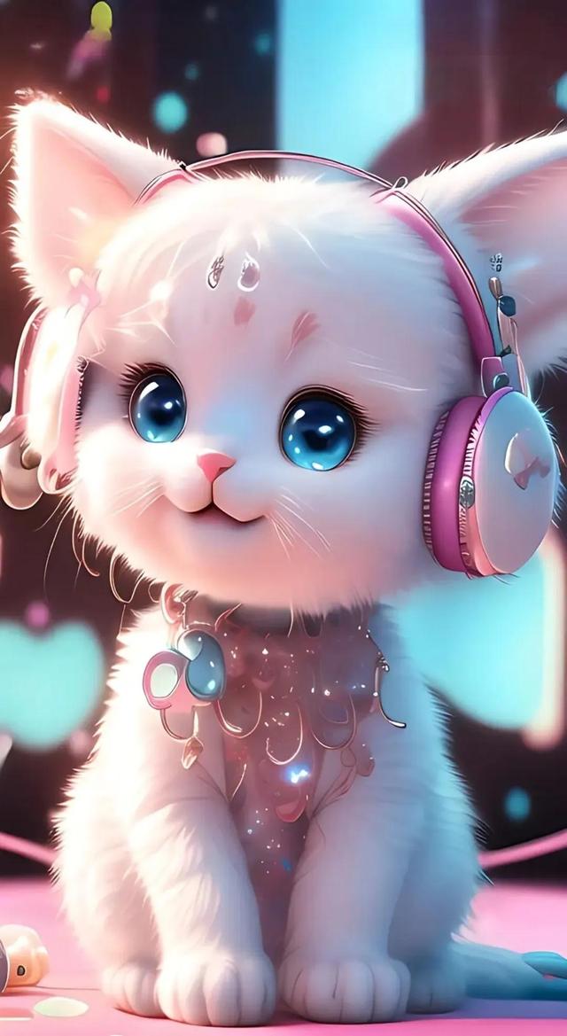 美图:戴上耳机听歌的小猫咪