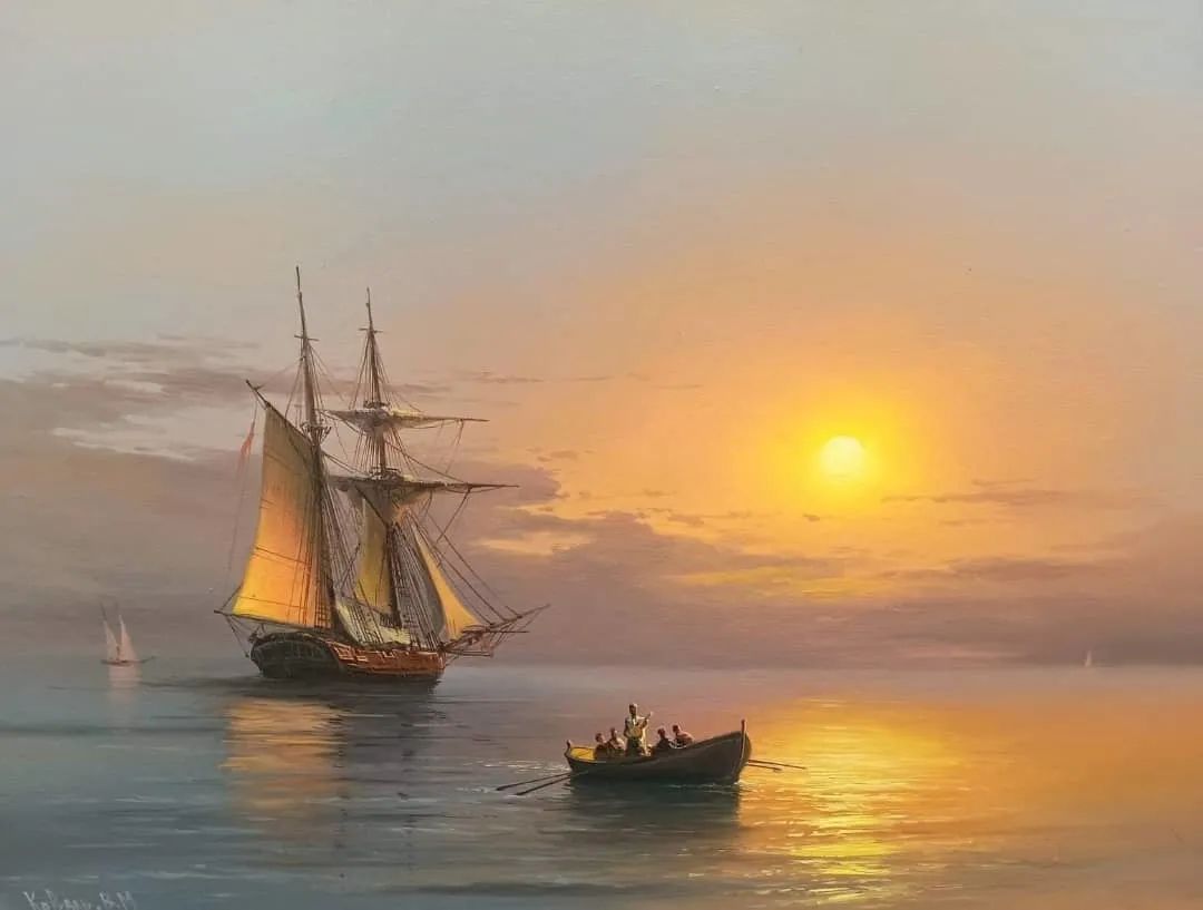 油画|质感油画 海水的刻画 夕阳西下