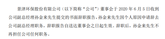 景津环保副总经理孙金来辞职 不再担任公司任何职务