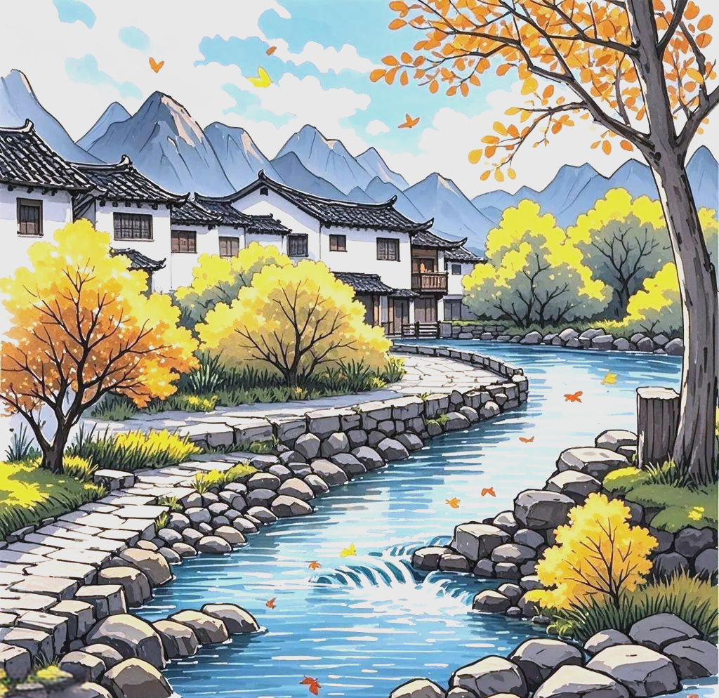 马克笔下的徽派建筑与秋日小桥流水,秋高气爽的诗意画卷!