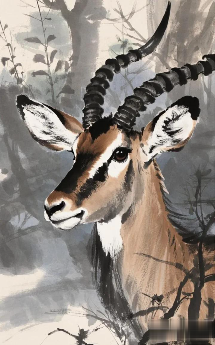 水墨画风格画动物:羚羊