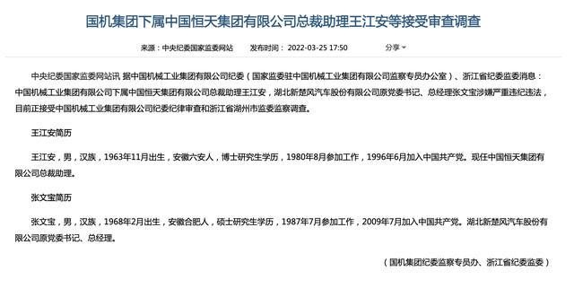 国机集团下属中国恒天集团有限公司总裁助理王江安等接受审查调查