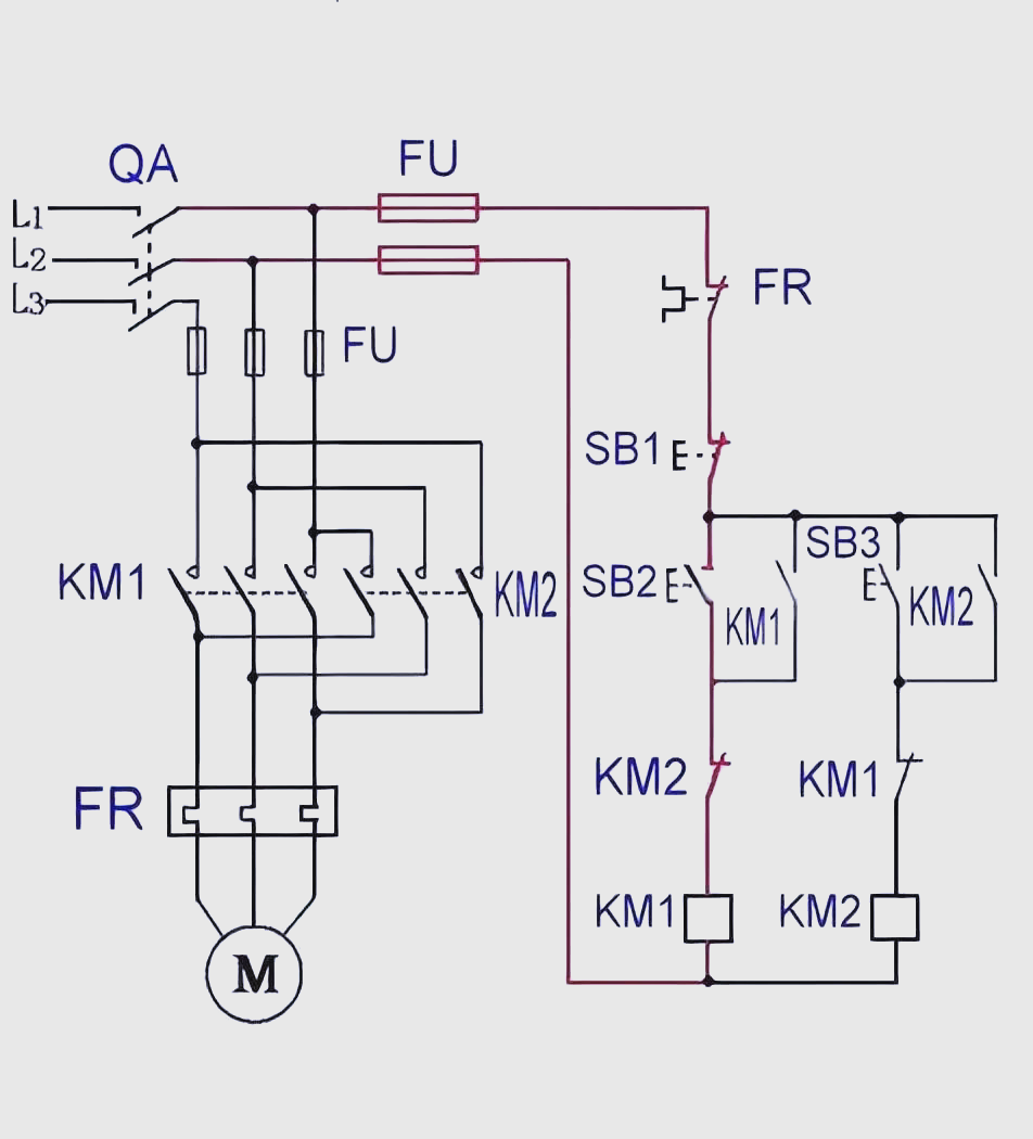 电动机正反转控制线路中的接触器互锁在电动机正反转控制线路中,接触