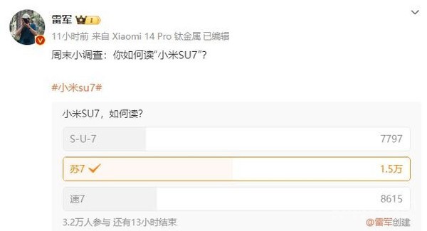 雷军发起投票：如何读“小米SU7”？3.2万人超一半搞错-第2张-科技-土特城网