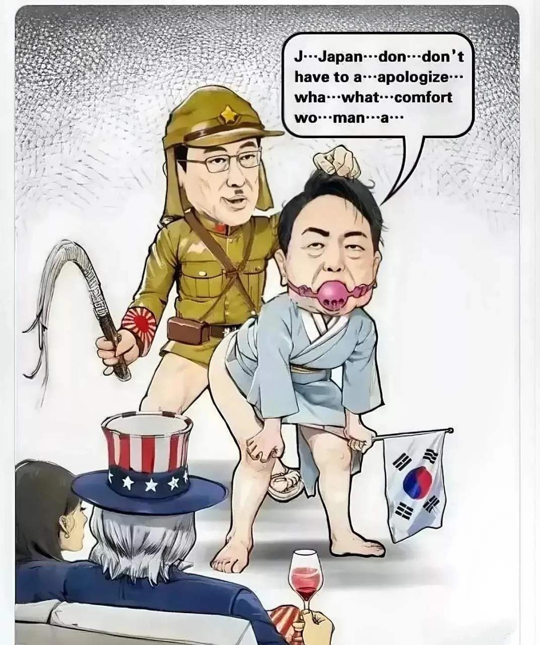 山姆大叔搂着思密达的夫人一边喝着红酒一边悠哉悠哉的看戏.