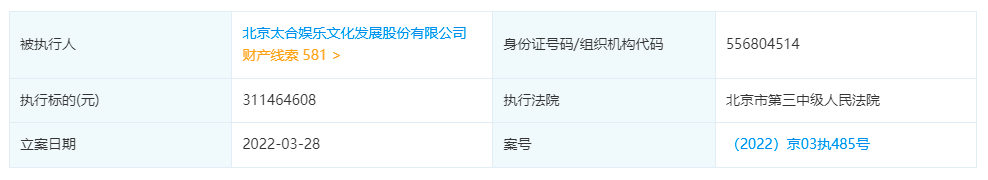 太合娱乐成被执行人,执行标的约3.11亿元