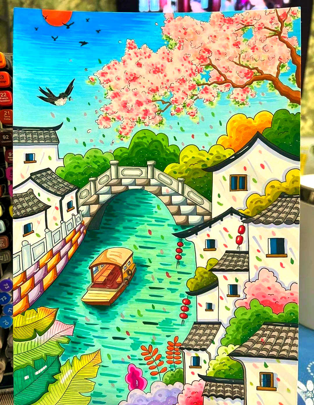 春天绘画创意美术儿童获奖范画,色彩与线条皆显高级感,值得初学者临摹