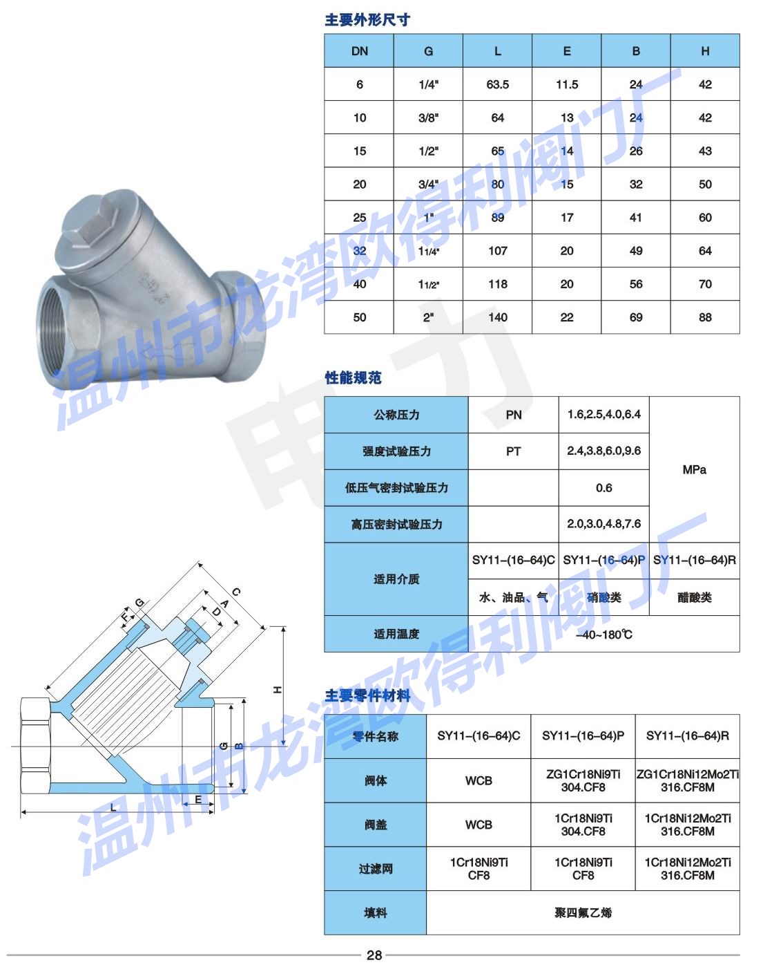 y型內螺紋過濾器尺寸規格-y型過濾器專業廠家-溫州歐得利閥門廠