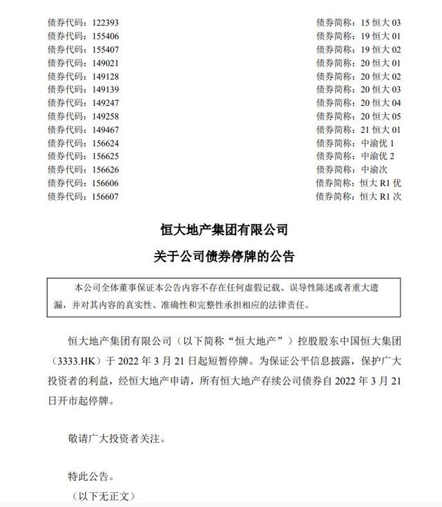 中国恒大股票停牌 恒大地产系列公司债券停牌