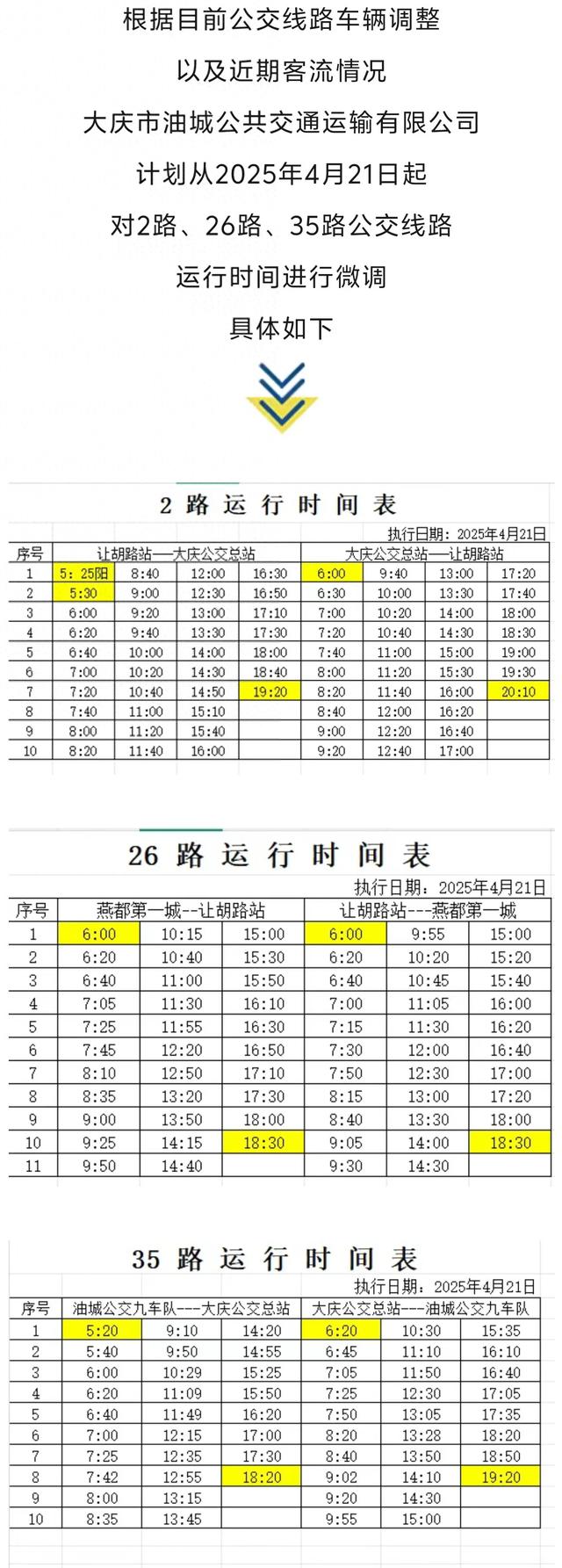 明起,大庆公交2路,26路,35路运行时间调整