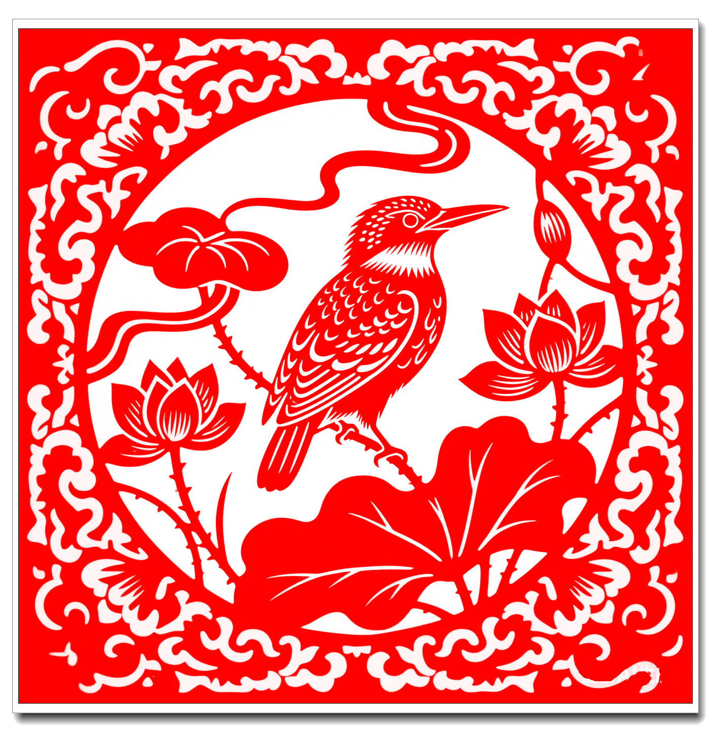 陈耀系列剪纸《荷花与翠鸟》