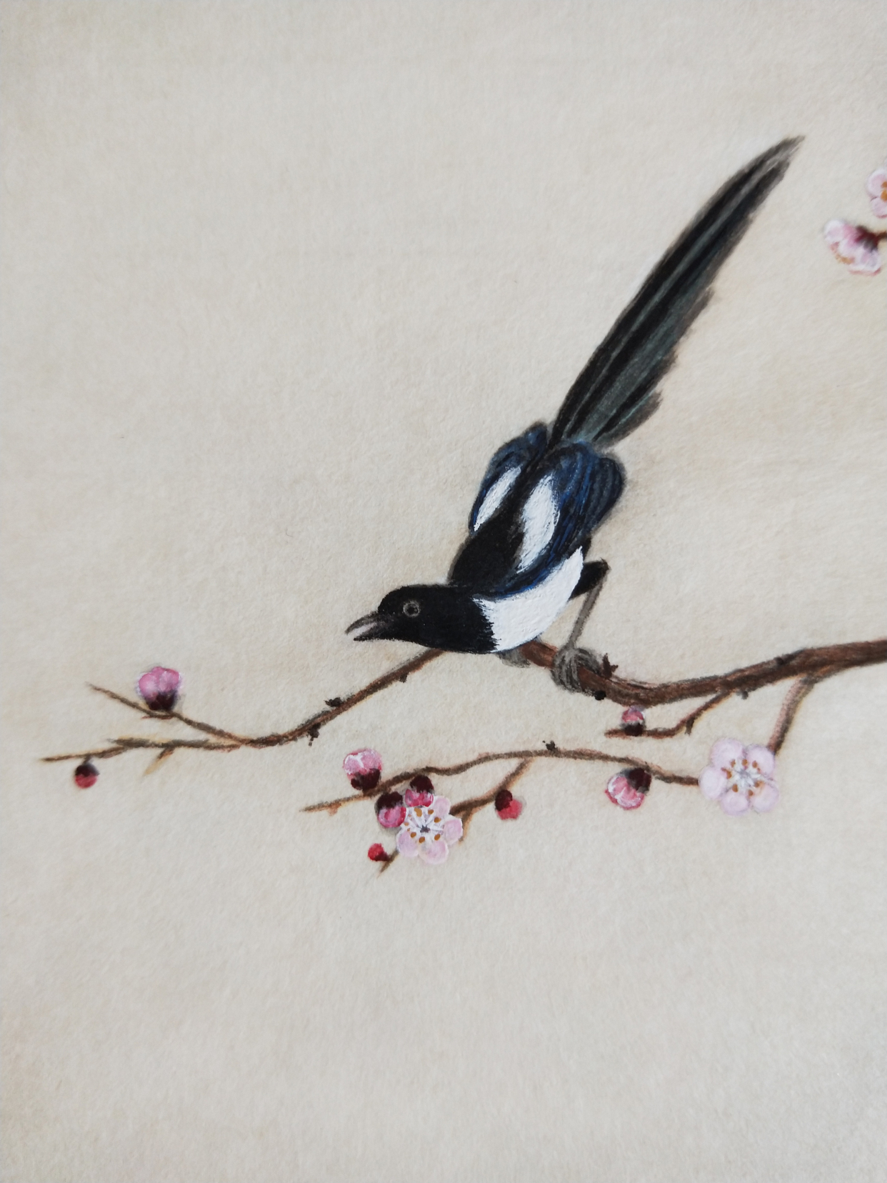 喜上眉梢图(黄丽燕国画仕女图花鸟绘画喜鹊登枝)