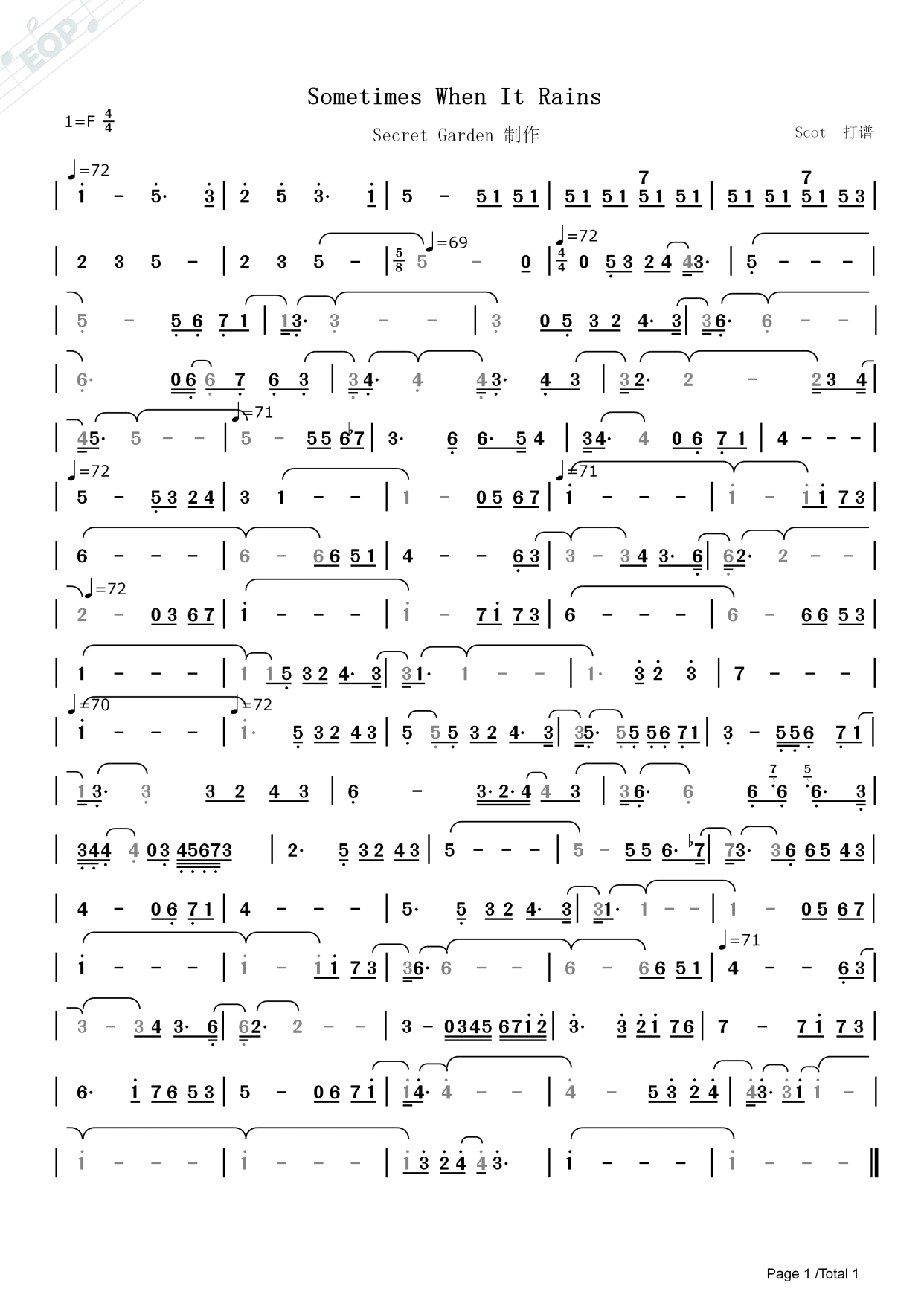 「神秘园音乐」sometimes when it rains(下雨的时候)-动态简谱