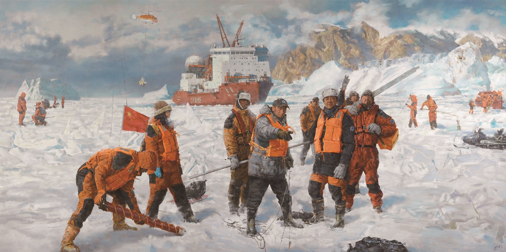 极地科考·雪龙号驶进北冰洋(油画)  200×400厘米  2019年  时