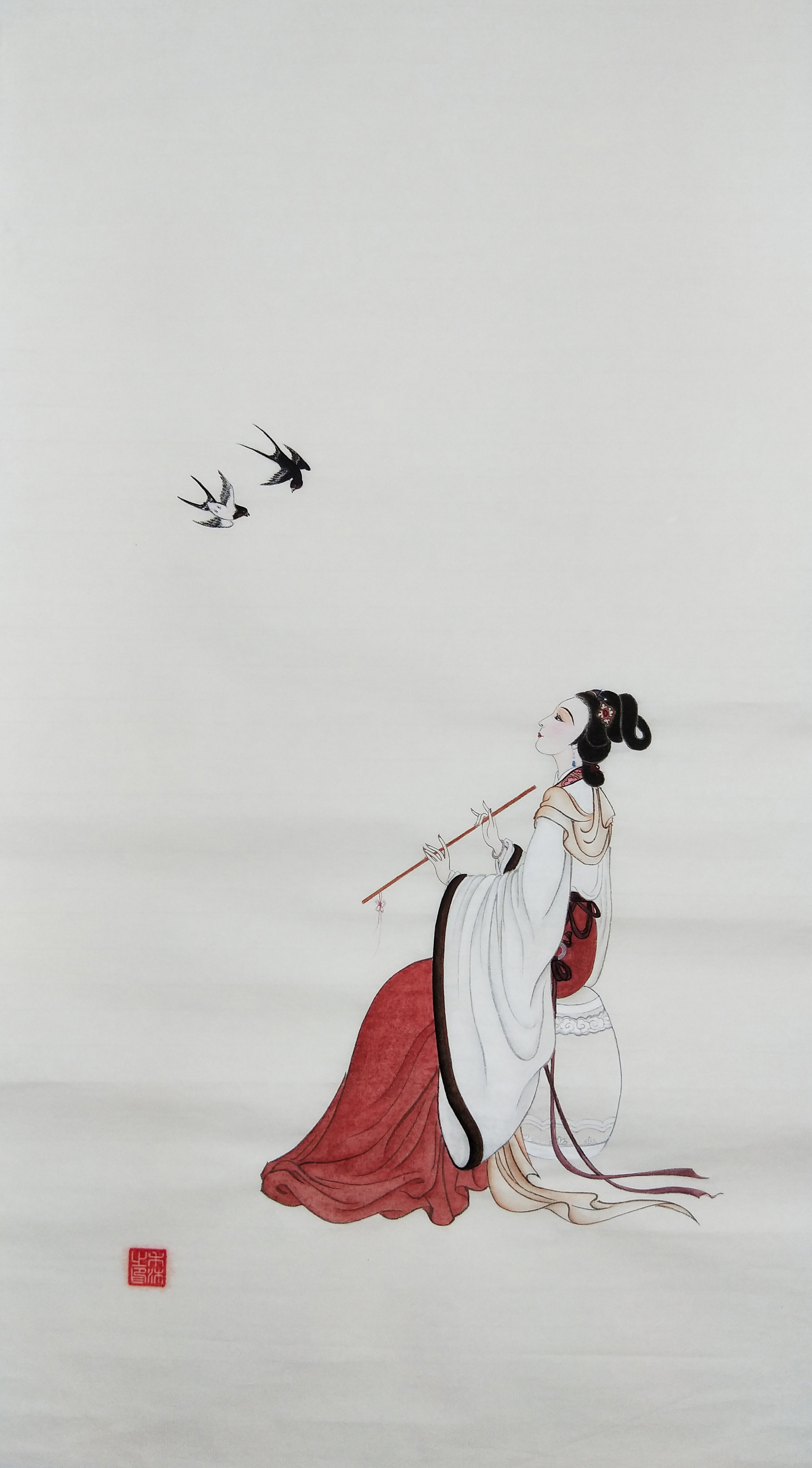 品箫图(黄丽燕国画仕女图工笔画绘画燕子)