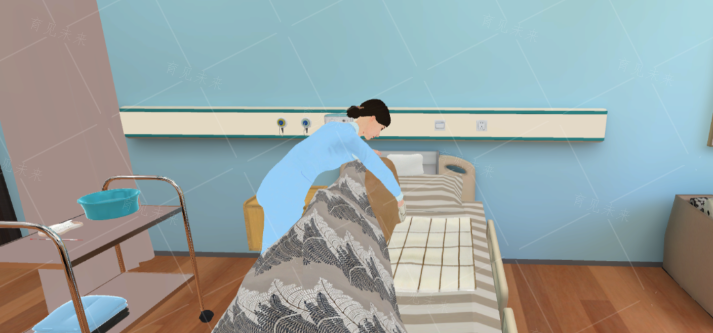 养老护理虚拟仿真实训:帮助老年人温水拭浴进行物理降温