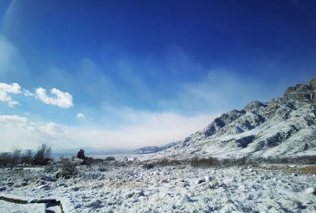 景色好美!賀蘭山上落了雪,冬天才有了樣子,遠古巖畫吸睛