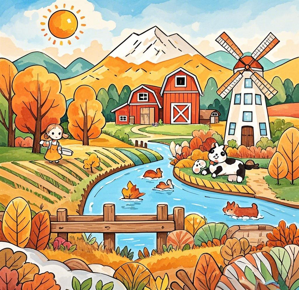 秋日风景儿童画:多种颜料绘制,创意构图点亮童梦时光