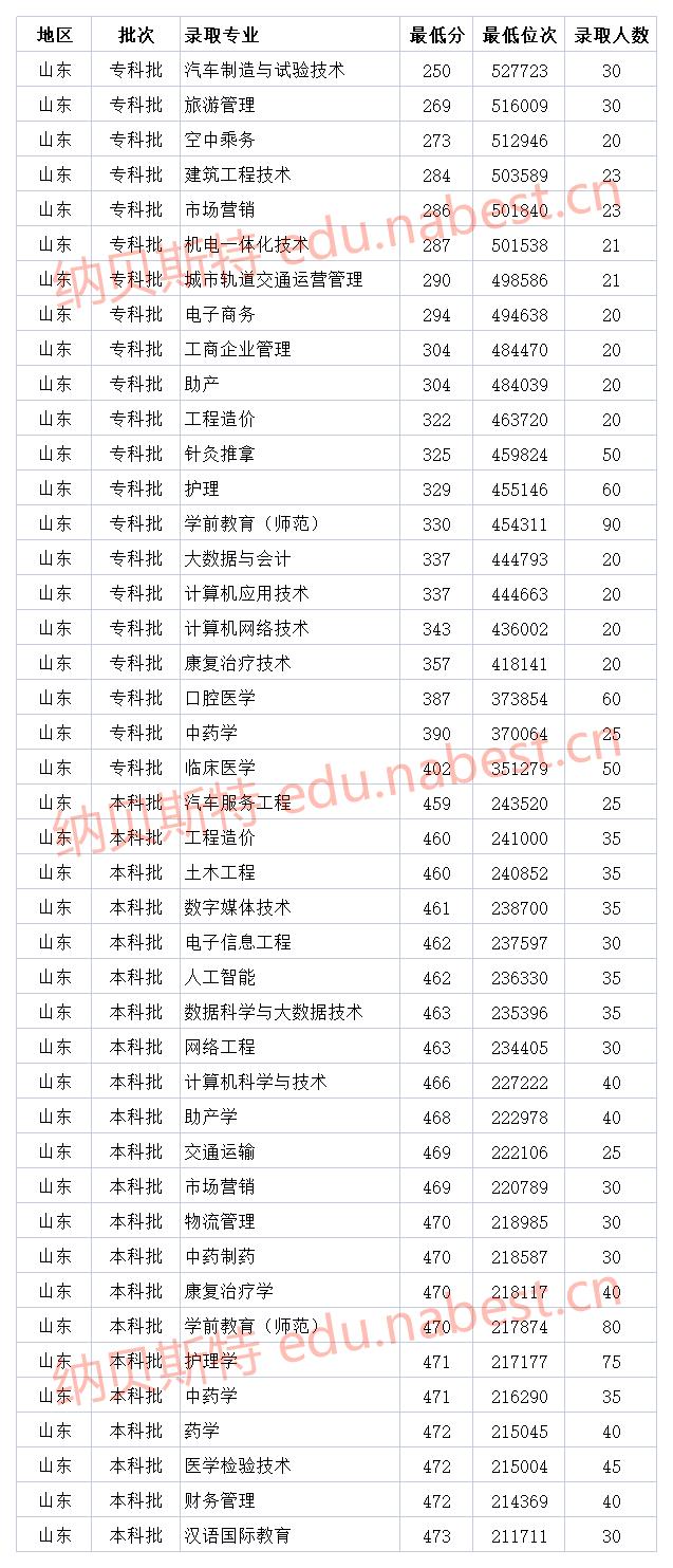 山东民办本科大学 山东现代学院2021年省内各专业最低录取分数线